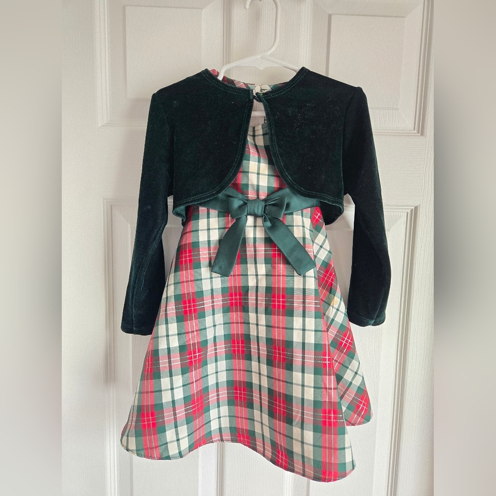 Ashley Ann Plaid Christmas Dress with Velvet Bolero 2T